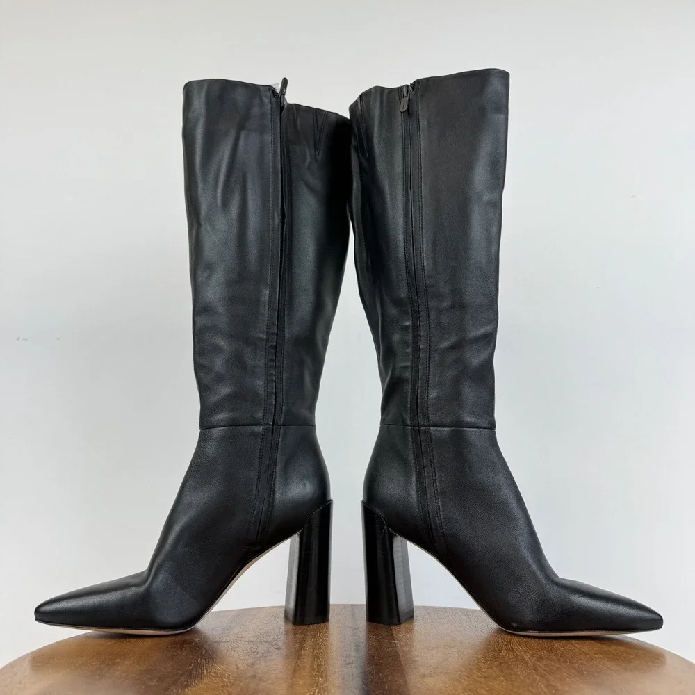 Womens Vince Pilar Black Leather Knee High Heeled Riding Boots Size 7 M WC GUC - Picture 6 of 9